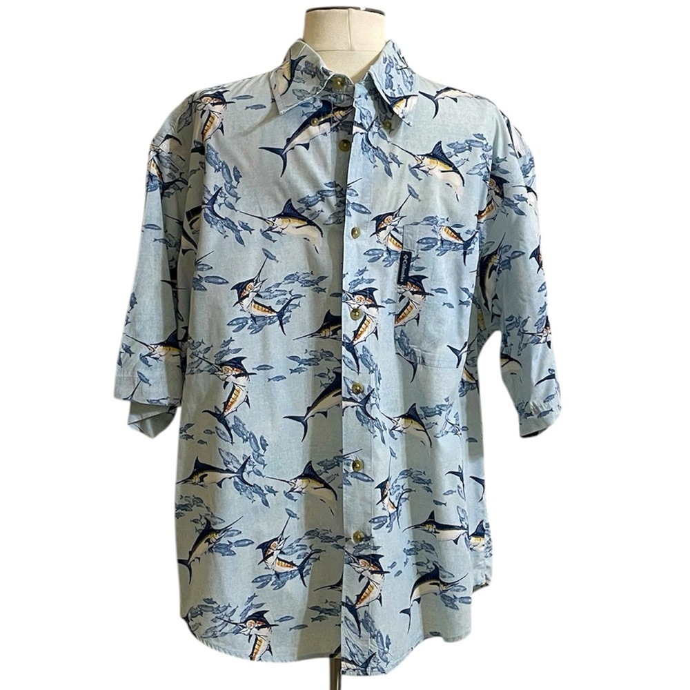 COLUMBIA Men’s Blue Cotton Short Sleeve Button Down Sailfish Print Shirt Medium